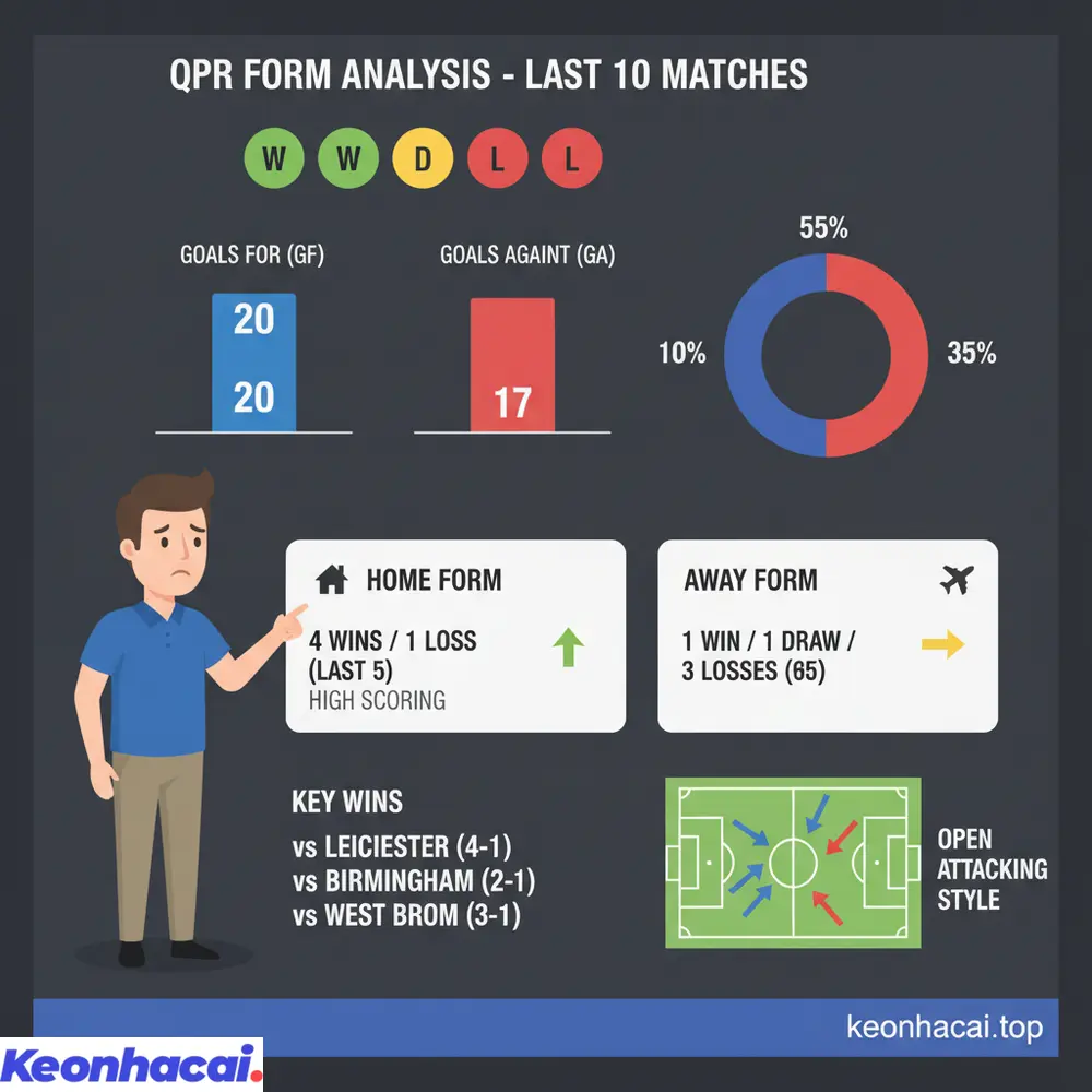 Phong độ của QPR trong 10 trận gần nhất với 5 chiến thắng cùng lối chơi tấn công cởi mở
